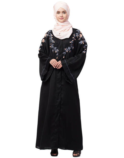 Muslim Front to back resham embroidery Front open Dubai Style Kaftan cum Abaya Black