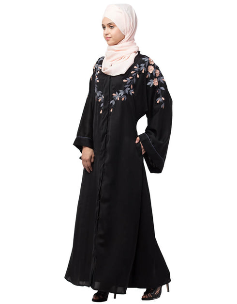 Muslim Front to back resham embroidery Front open Dubai Style Kaftan cum Abaya Black