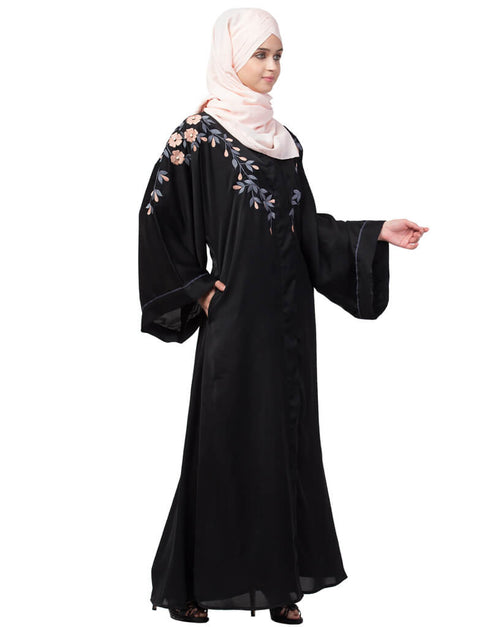 Muslim Front to back resham embroidery Front open Dubai Style Kaftan cum Abaya Black