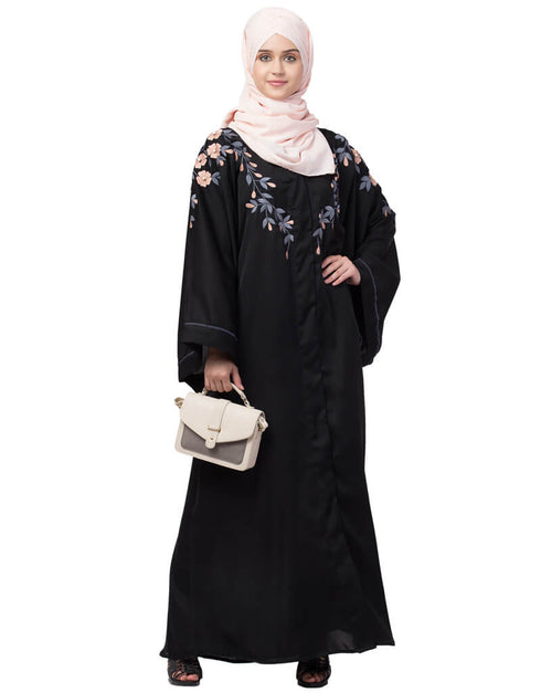 Muslim Front to back resham embroidery Front open Dubai Style Kaftan cum Abaya Black