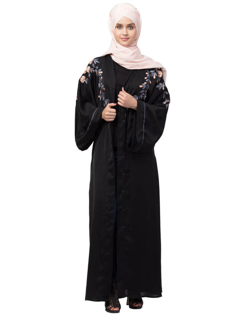 Muslim Front to back resham embroidery Front open Dubai Style Kaftan cum Abaya Black
