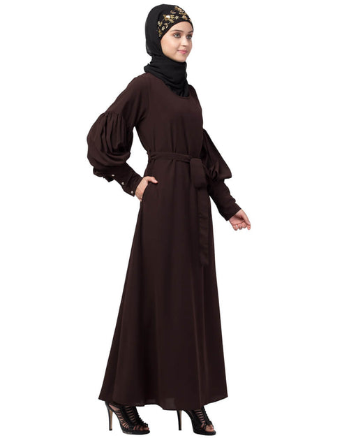 Modest Long cuff full balloon sleeve with belt A line Abaya Brown