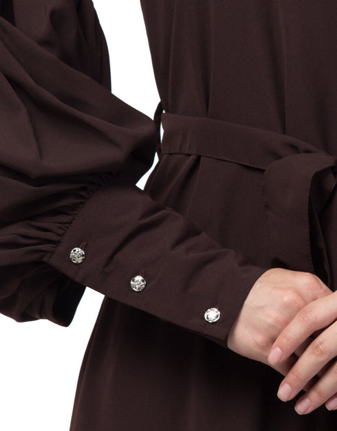 Modest Long cuff full balloon sleeve with belt A line Abaya Brown