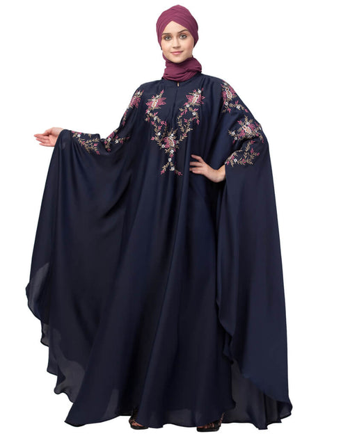 Islamic Front and sleeve resham embroidery Irani Kaftan Navy Blue
