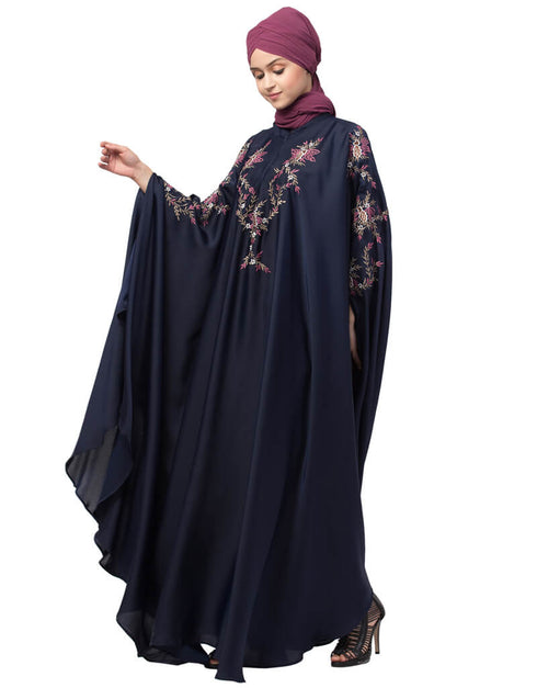 Islamic Front and sleeve resham embroidery Irani Kaftan Navy Blue