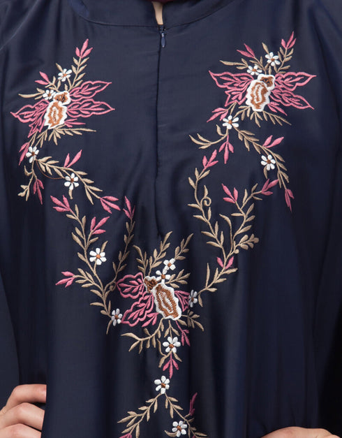 Islamic Front and sleeve resham embroidery Irani Kaftan Navy Blue