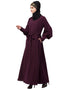 Arabic Long cuff full balloon sleeve with belt A line Abaya Wine