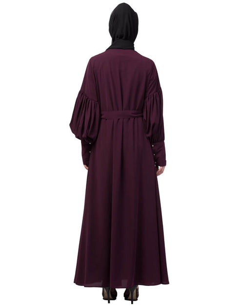 Arabic Long cuff full balloon sleeve with belt A line Abaya Wine