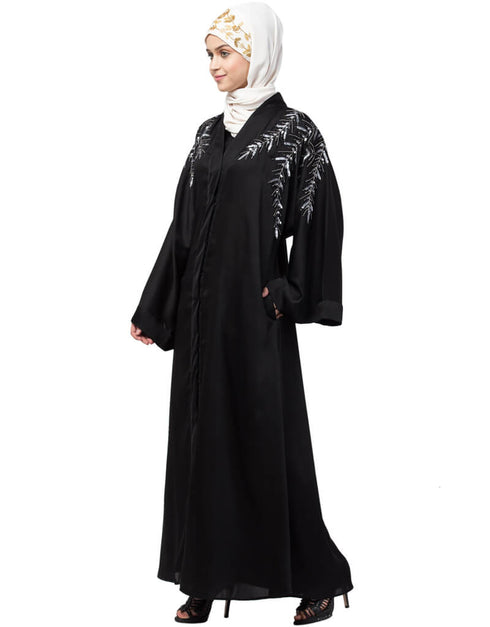 Women Front Back hand embroidered Front open Dubai Abaya Black