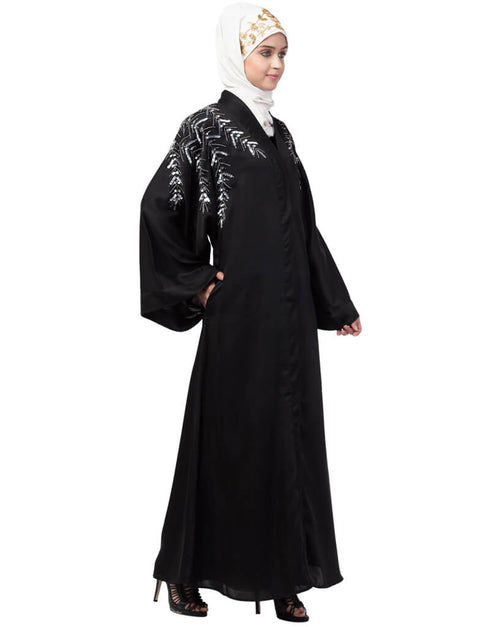 Women Front Back hand embroidered Front open Dubai Abaya Black