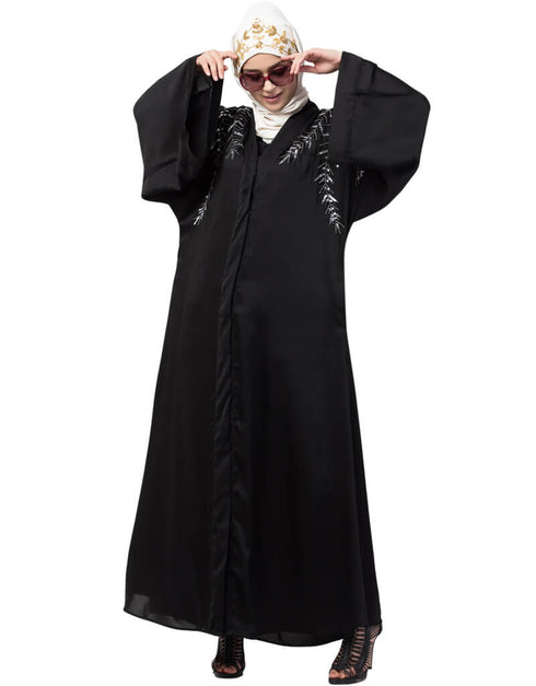 Women Front Back hand embroidered Front open Dubai Abaya Black