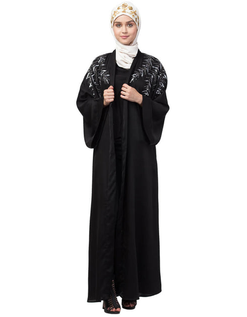 Women Front Back hand embroidered Front open Dubai Abaya Black