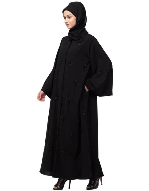 Muslimah All over Star embroidery bell sleeve Abaya Black