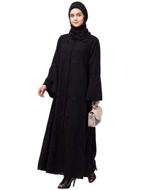 Muslimah All over Star embroidery bell sleeve Abaya Black