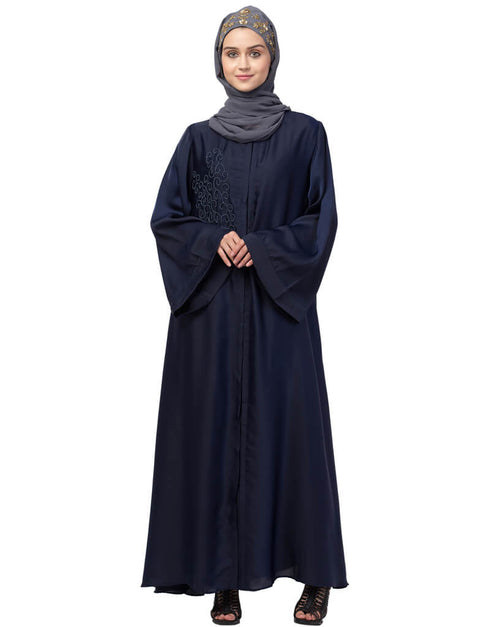 Chic Front Open one side hand work Abaya Blue