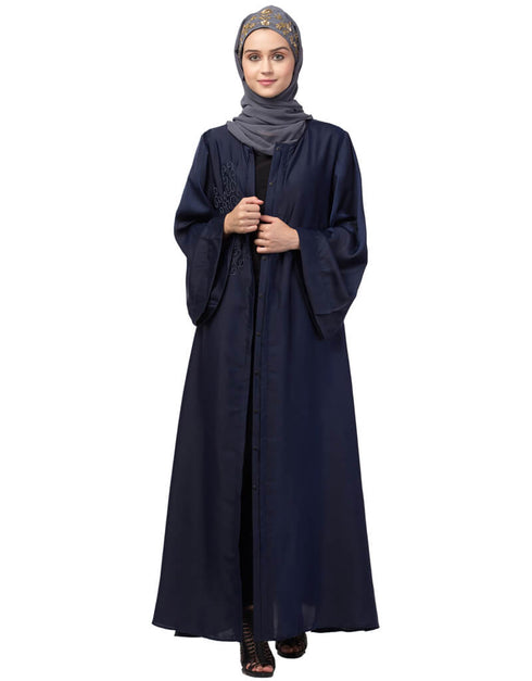Chic Front Open one side hand work Abaya Blue