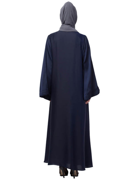 Chic Front Open one side hand work Abaya Blue
