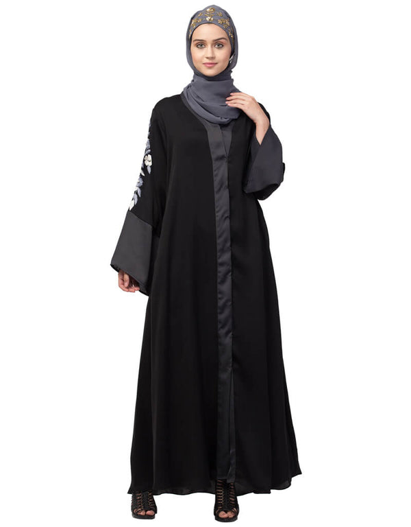 Trendy Front open Sleeve embroidery Dubai style Kaftan cum Abaya Black