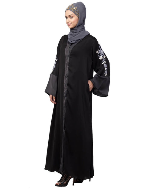 Trendy Front open Sleeve embroidery Dubai style Kaftan cum Abaya Black