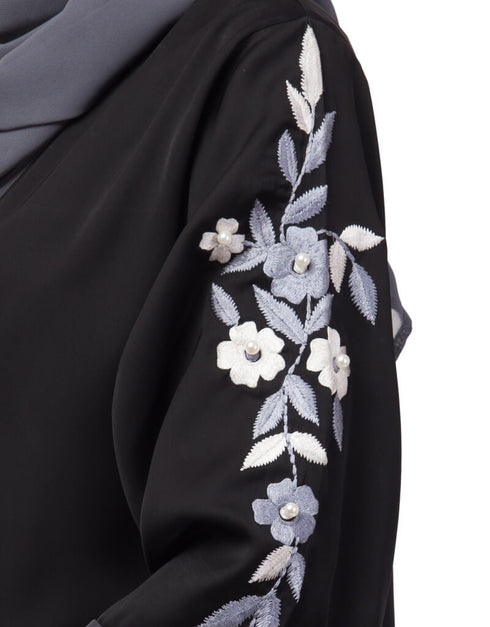 Trendy Front open Sleeve embroidery Dubai style Kaftan cum Abaya Black