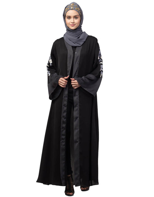 Trendy Front open Sleeve embroidery Dubai style Kaftan cum Abaya Black