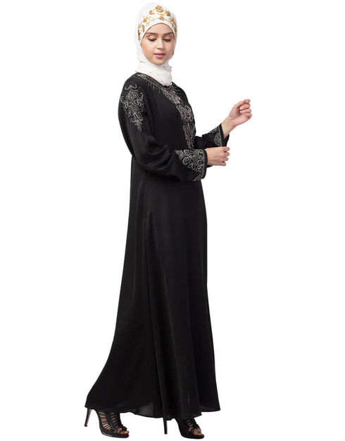 Modern Front and Sleeve Hand work A line Party Abaya Black