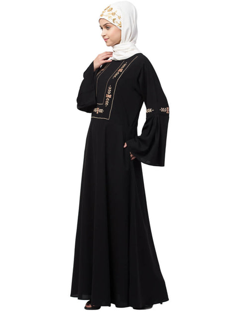 Dubai Yoke embroidered Pleated Bell sleeve Flare Abaya Black