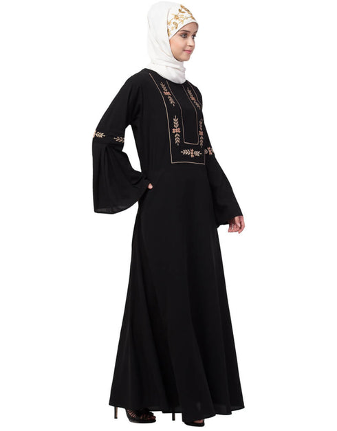 Dubai Yoke embroidered Pleated Bell sleeve Flare Abaya Black