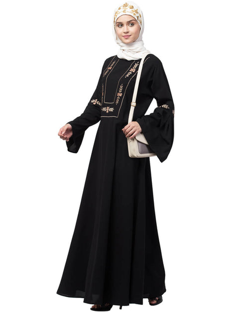 Dubai Yoke embroidered Pleated Bell sleeve Flare Abaya Black