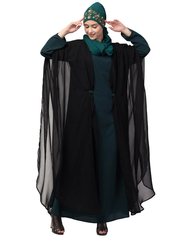 Muslim Contrast double layers Abaya Black