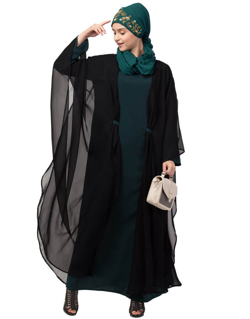 Muslim Contrast double layers Abaya Black