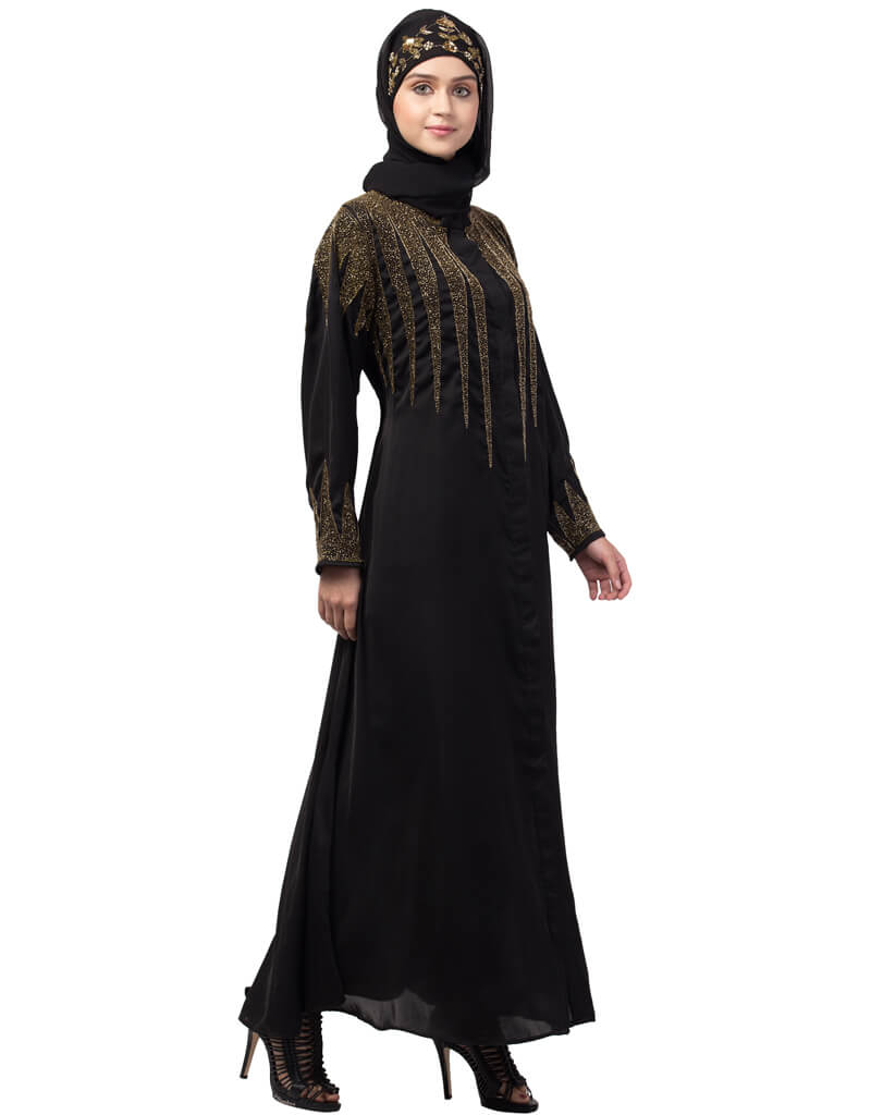 Modest Front zip and slit hand work Nida Abaya Light Grey
