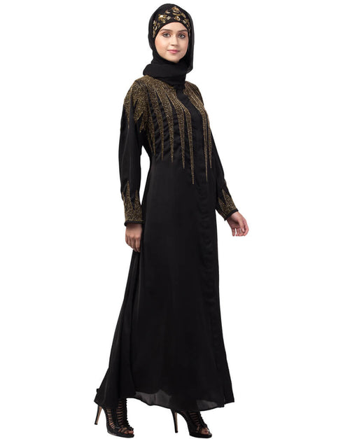 Modest Front open golden hand work at front back and sleeve Nida Abaya Black