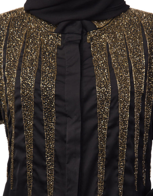 Modest Front open golden hand work at front back and sleeve Nida Abaya Black