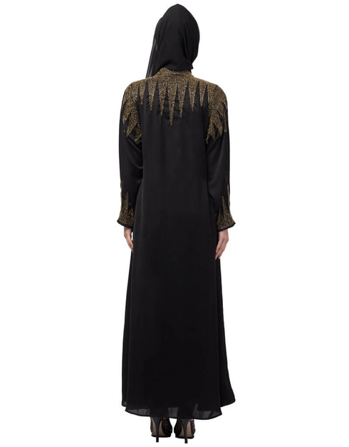 Modest Front open golden hand work at front back and sleeve Nida Abaya Black
