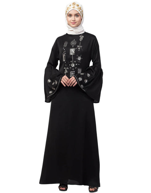 Islamic Hand embroidery on front and bell sleeve A line Abaya Black