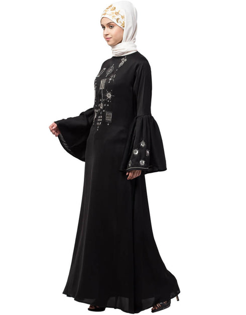 Islamic Hand embroidery on front and bell sleeve A line Abaya Black