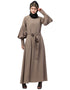 Arabic Long cuff full balloon sleeve with belt A line Abaya Khaki