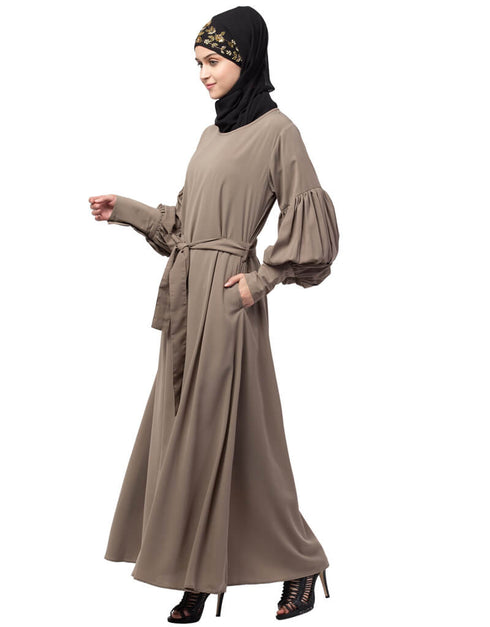Arabic Long cuff full balloon sleeve with belt A line Abaya Khaki