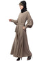 Arabic Long cuff full balloon sleeve with belt A line Abaya Khaki