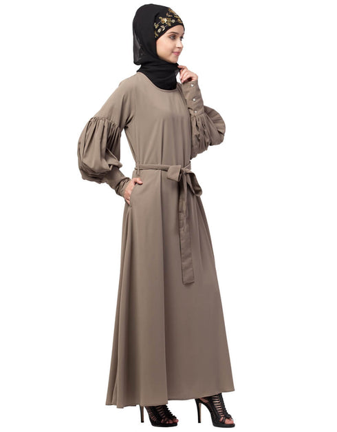 Arabic Long cuff full balloon sleeve with belt A line Abaya Khaki