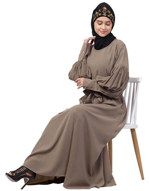 Arabic Long cuff full balloon sleeve with belt A line Abaya Khaki