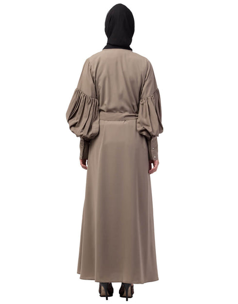 Arabic Long cuff full balloon sleeve with belt A line Abaya Khaki