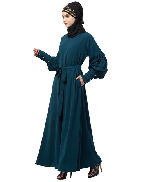 Women Long cuff full balloon sleeve with belt A line Abaya Rama Green