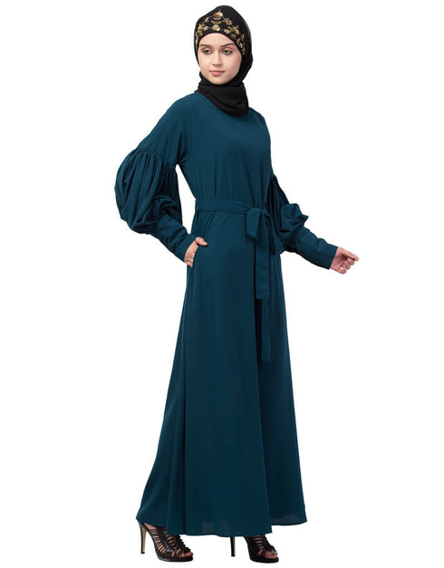Women Long cuff full balloon sleeve with belt A line Abaya Rama Green
