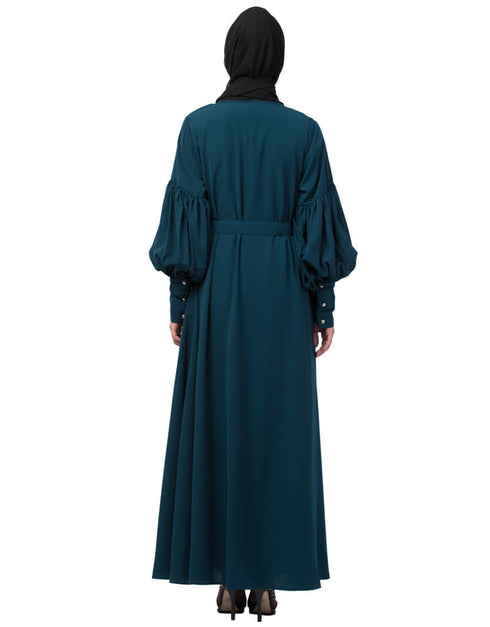 Women Long cuff full balloon sleeve with belt A line Abaya Rama Green