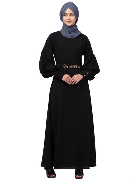 Muslimah Long cuff full balloon sleeve with belt A line Abaya Black