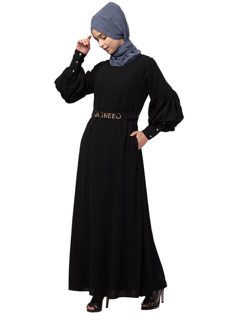Muslimah Long cuff full balloon sleeve with belt A line Abaya Black