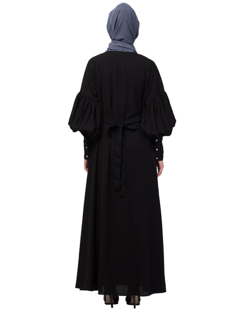 Muslimah Long cuff full balloon sleeve with belt A line Abaya Black