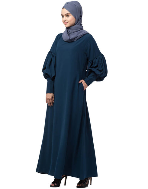 Chic Long cuff full balloon sleeve with belt A line Abaya Teal